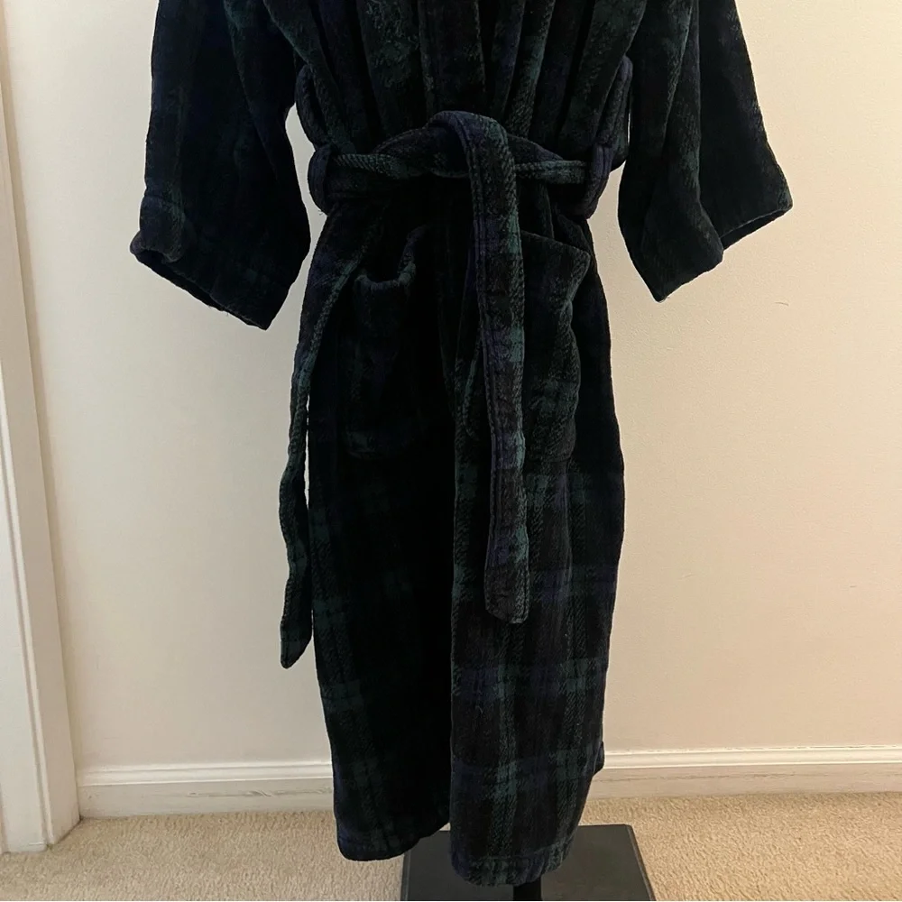 Vintage Christian Dior Pyjama Cotton Robe Plaid Green Blue One Size Terry Robe - Picture 9 of 12